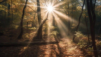 Bright autumn sunlight illuminates tranquil forest footpath generated by AI