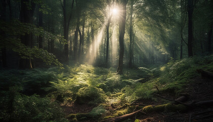 Obraz premium Mysterious forest, foggy path, enchanted fairy dawn generated by AI