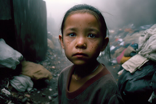 portrait of a child, portrait of a child, portrait of orphaned child with asian features living among garbage. image created with ai