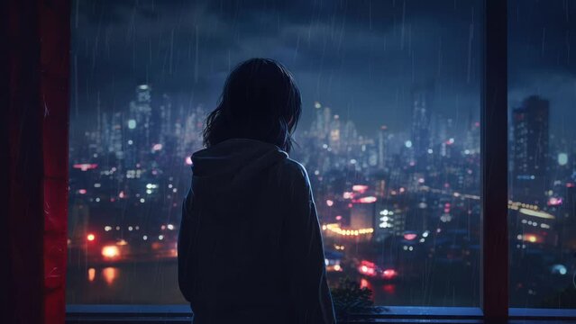 Lo-fi girl alone on her balcony at night looking at the storm and the rain outside. Video for lofi hip hop music. Atmospheric chill illustration and relaxed. Perfectly looped video. Sad rainy night.