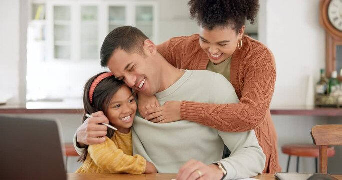 Remote work, laptop and family hugging in the living room of their home together for love or bonding. Mother, father and daughter embracing in the house with an entrepreneur dad working on a computer