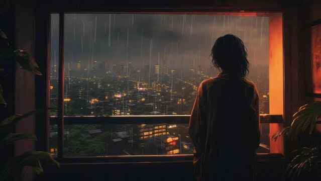 Sad anime girl looking from the window. City night rain. Lofi music video. Chill vibes of a woman on her balcony. Rainy night. Relaxing lo-fi hip hop mood. Animated wallpaper screen. Sad depression.