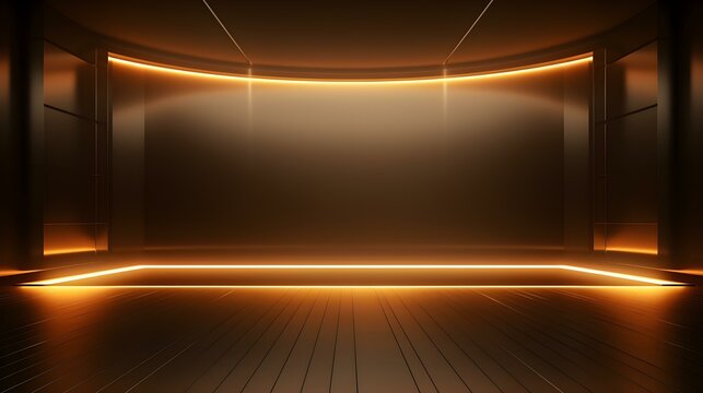 Empty geometrical Room in Amber Colors with beautiful Lighting. Futuristic Background for Product Presentation.