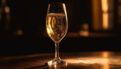 Luxury champagne flute reflects elegant celebration night generated by AI