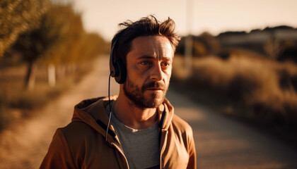 One man jogging outdoors, headphones on, focused generated by AI