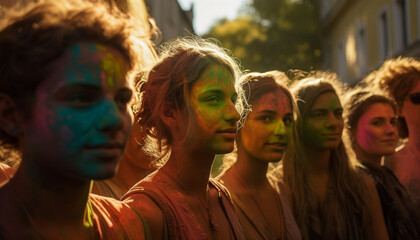 Obraz premium Young adults enjoy colorful festival with friends generated by AI