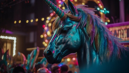 Naklejka na ściany i meble Colorful carnival horse brings joy to city parade generated by AI