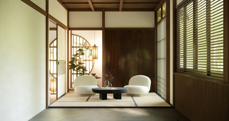Minimalist japandi style living room decorated with sofa