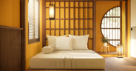 Minimal yellow interior mock up with zen bed plant and decoartion in japanese bedroom. 3D rendering.