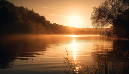 Obraz premium Golden sun sets over tranquil water reflection generated by AI