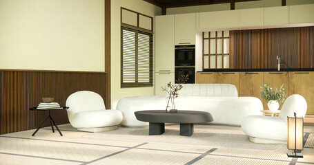 Fototapeta na wymiar Minimalist japandi style living room decorated with sofa