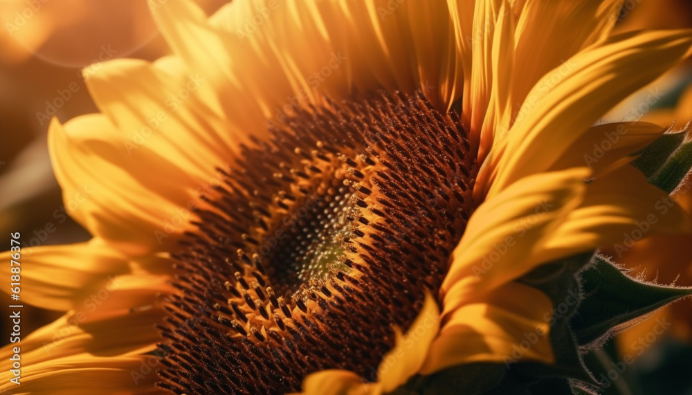 Poster Vibrant sunflower petals attract busy honey bees generated by AI