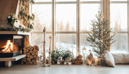 Nordic Christmas concept with a wooden cabin with a view to a winter landscape. Generative AI illustrations
