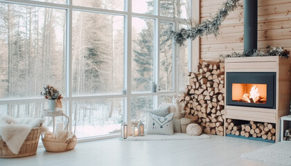 Nordic Christmas concept with a wooden cabin with a view to a winter landscape. Generative AI illustrations