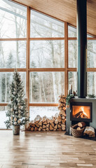 Nordic Christmas concept with a wooden cabin with a view to a winter landscape. Generative AI illustrations
