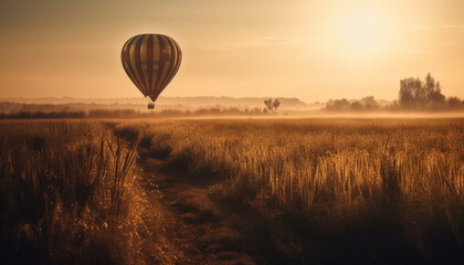 Flying hot air balloon over tranquil landscape generated by AI