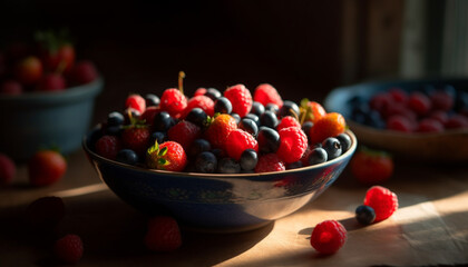 Fresh berry bowl on rustic wood table generated by AI