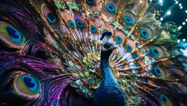 Majestic peacock displays vibrant colors in nature generated by AI