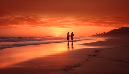 Fototapeta na wymiar Sunset romance: two people embrace on beach generated by AI