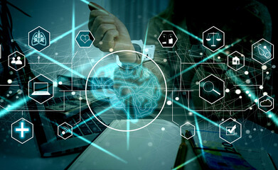 Artificial Intelligence AI, Internet of Things IoT. Business man using laptop computer on...
