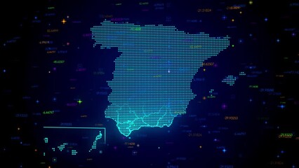 Futuristic Motion View Blue Colorful Shiny Digital Technology Hud Dots Mosaic Grid Spain Map Light Scanning With Numeric Tech Particles Background, Seamless Loop - Powered by Adobe