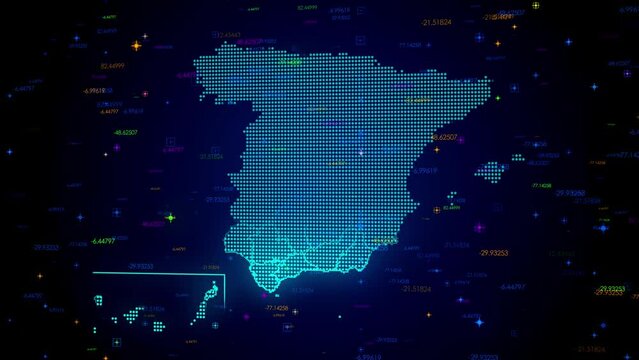 Futuristic Motion View Blue Colorful Shiny Digital Technology Hud Dots Mosaic Grid Spain Map Light Scanning With Numeric Tech Particles Background, Seamless Loop
