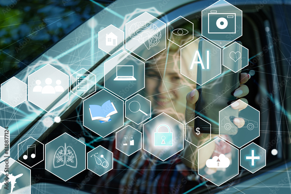 Fototapete Ai tech, businessman show virtual graphic Global Internet connect Chatgpt Chat with AI, Artificial Intelligence. using command prompt for generates something, Futuristic technology transformation