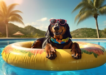 dog on the pool, with sunglasses, chill, sun