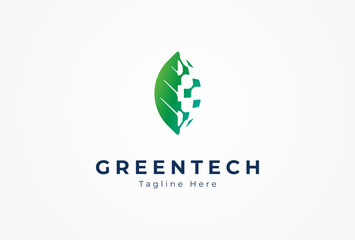Green Tech Logo, leaf with technological elements combination, usable for business and company logos, flat design logo template, vector illustration
