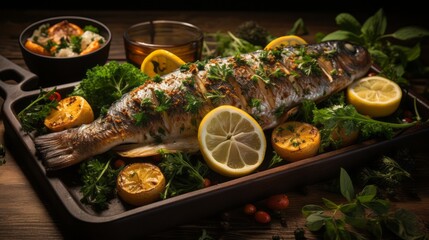 baked sea bass presented on a tray with ingredients