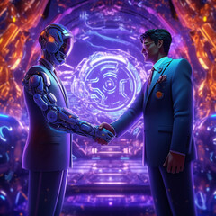 3d rendering of two businessmen shaking hands in front of a futuristic background (ai generated) - obrazy, fototapety, plakaty