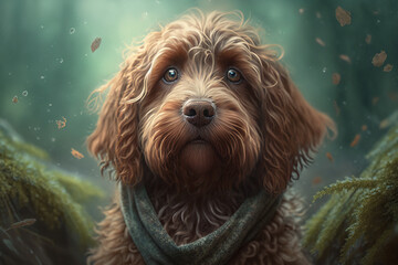 Naklejka premium Chocolate Cockapoo in woods portrait. Cute fluffy dog on blur forest background. Generative Ai.