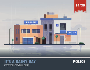 Vector cartoon illustration of rainy modern building of police station. Part 14 - 618879388