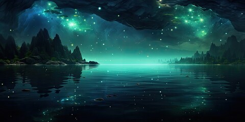 Green glowing lake with stars, blue water and aurora