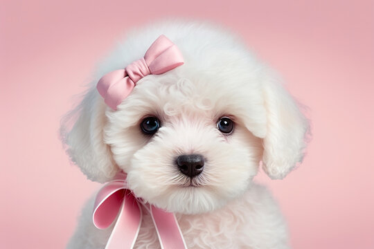 A cute poodle puppy dressed in a pink bow on pink background. Generative Ai.