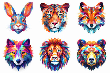 A collection of animal faces, logos in shape of animal faces, psychedelic art style, vivid colours, hexagonal pattern. Generative ai