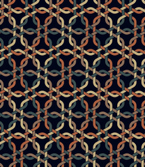 Seamless repeating pattern with multicolored intersecting hexagons on a black background. Knotted lines composition. Interlocking geometric shapes. Retro vintage style. Vector illustration.