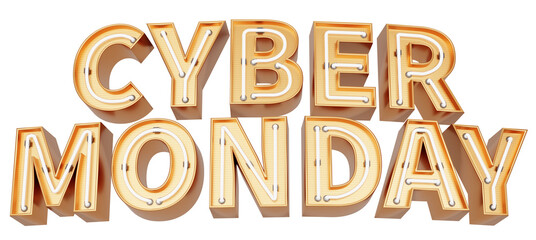 Golden 3d text with glowing neon tube. typography. 3D illustration. CYBER MONDAY.