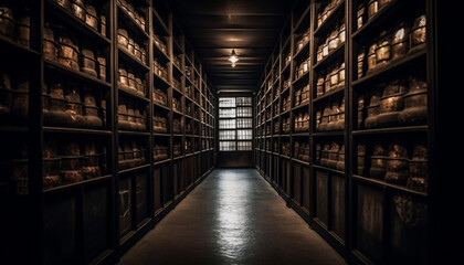 Ancient book collection in old cellar shelves generated by AI