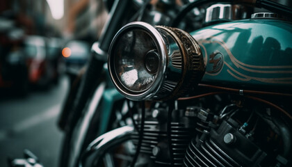 Fototapeta premium Shiny chrome motorcycle headlight reflects elegant speed generated by AI