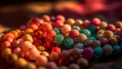 Vibrant colored beads adorn homemade Christian necklace generated by AI