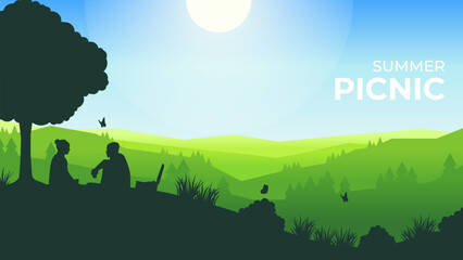 Panoramic landscape silhouette illustration of a picnic under a tree on a hill against a background of mountains.Nature vacation illustration for a poster with text. Poster design for summer, outdoor 