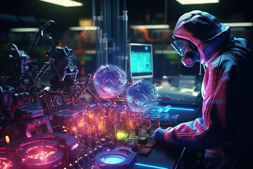 Lab employee in a protective suit stands in a modern technological laboratory. Laboratory is equipped with futuristic holographic screens, creating sci-fi atmosphere. Generative Ai.