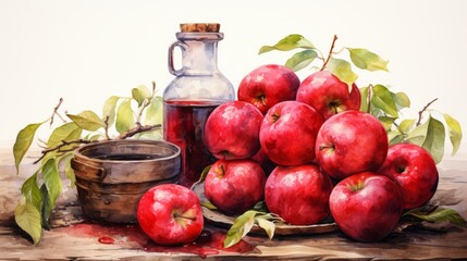 Red apples and fruits Tincture bottle, apples and fruits on table on white background. illustration for banner,poster, site, web. illustration AI generated.