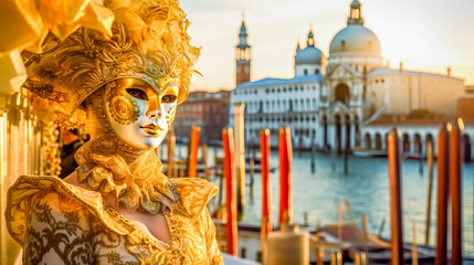 Fototapeta premium Carnevale elaborate masks and imaginative costumes at the Venice Carnival, Italy, Generative AI
