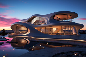 Obraz premium Modern building structure at sunset