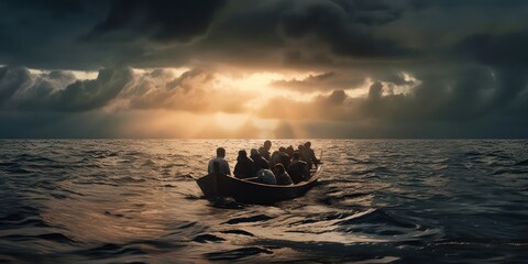 Generative AI. A boat overcrowded with refugees floating in the middle of the sea at sunset. Nomads floating from one country to another. Migrants concept. 
