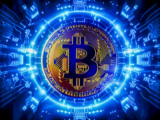 Bitcoin virtual currency on a glowing processor, up and down Bitcoin trading price, BTC, Generative AI