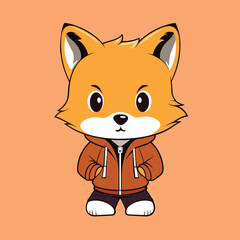 Cute fox wearing a jacket, depicted in a cartoon vector icon. Isolated illustration showcasing animal fashion in a flat cartoon style.