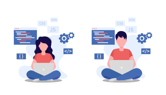Software developers man and woman. Programming languages. Isolated on white background.